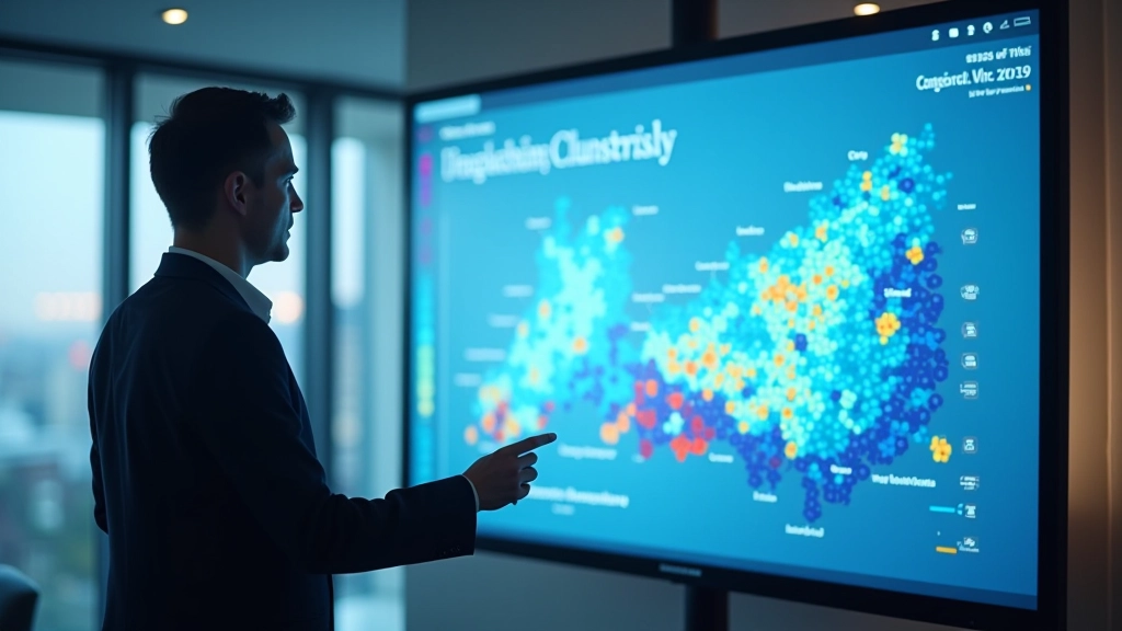Professional analyst presenting DBSCAN clustering results with density-based point visualization and outlier identification on large monitor